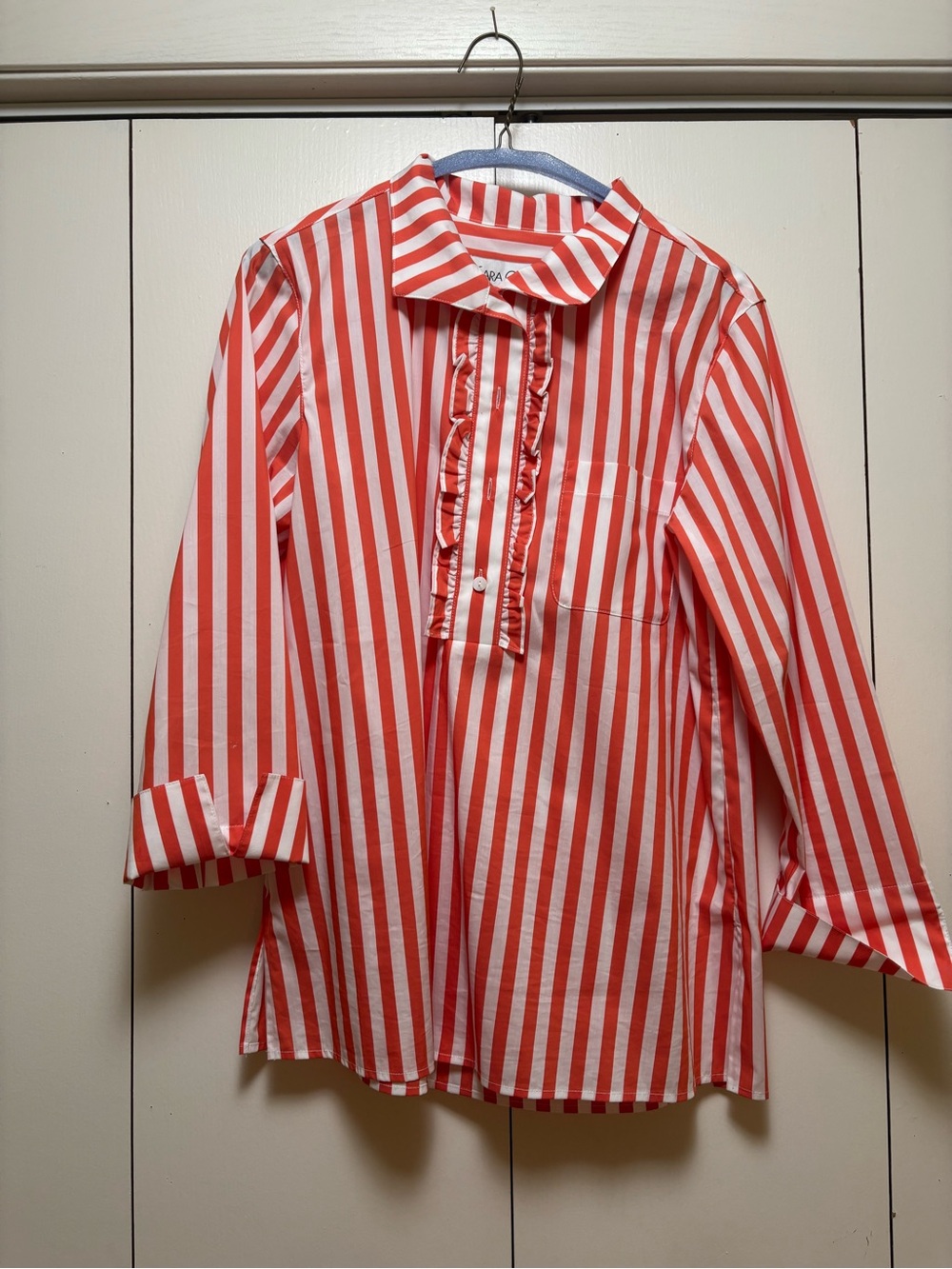 Orange & White Striped  Shirt with Ruffle Placket, Medium Sara Campbell